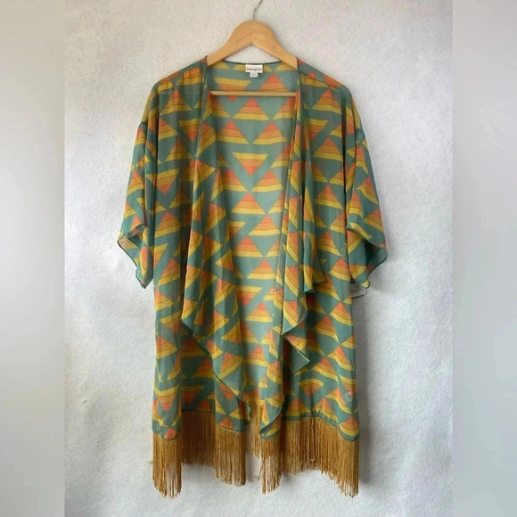 NWT LuLaRoe Large Green Gold Monroe Sheer Kimono Beach Swim Cover Up Fringed L - Picture 2 of 10
